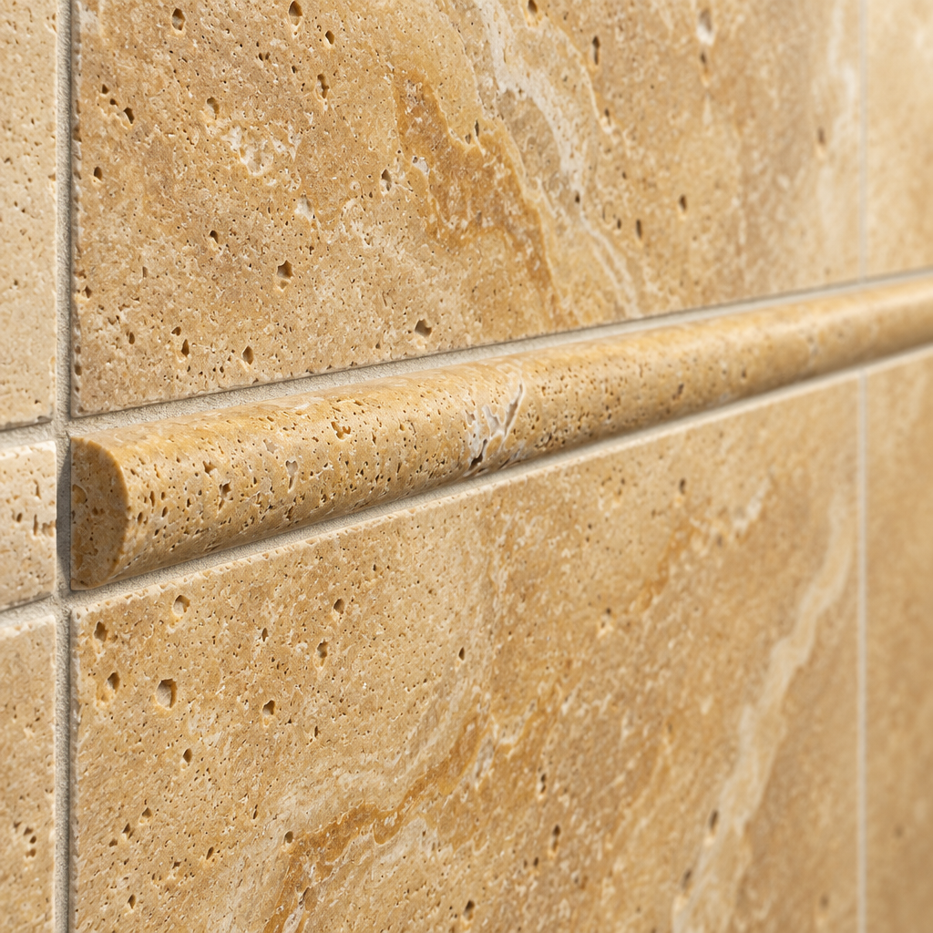 Gold Travertine Pencil Tile Trim 1/2x12, Honed - installed close-up