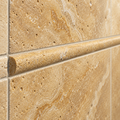 Gold Travertine Pencil Tile Trim 1/2x12, Honed - installed close-up