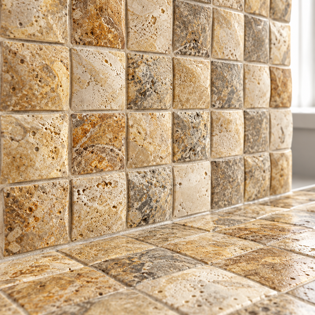 Scabos Travertine Arched Brick Mosaic Tile 2x2, Honed - installed close-up