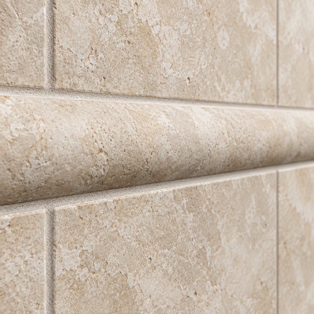 Beige Durango Travertine Dome Tile Trim 1x12, Honed - installed close-up