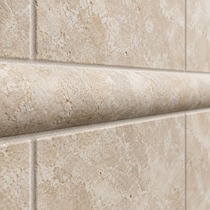 Beige Durango Travertine Dome Tile Trim 1x12, Honed - installed close-up