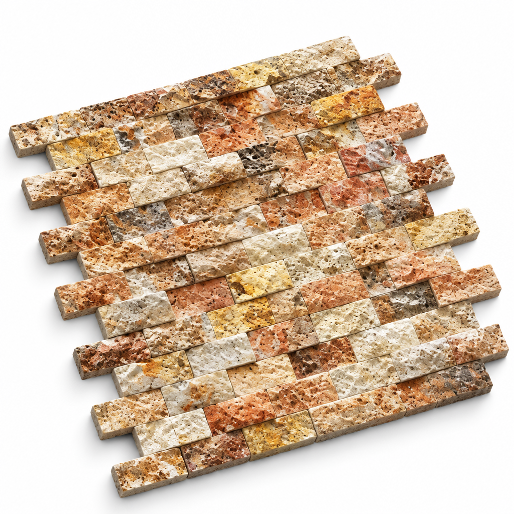 Scabos Travertine Brick Mosaic Tile 1x2, Split Face - 45 degree view showing thickness