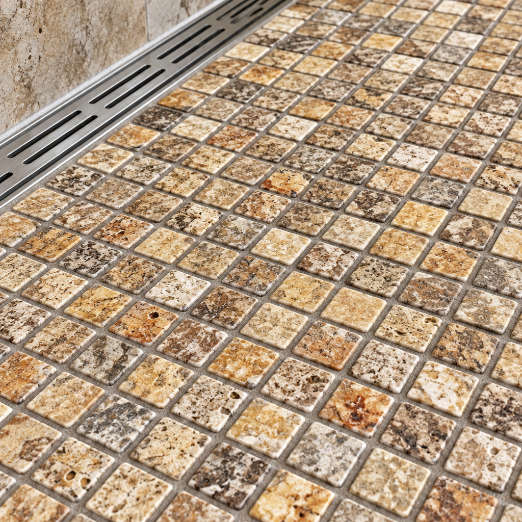 Scabos Travertine Mosaic Tile 5/8x5/8, Tumbled - installed close-up