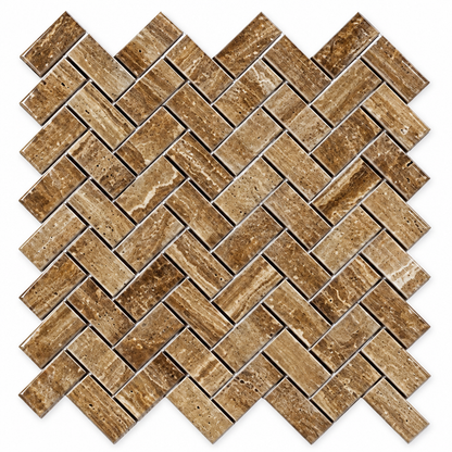 Brown Noce Travertine Herringbone Mosaic Tile 1x2, Polished & Vein-Cut - white background