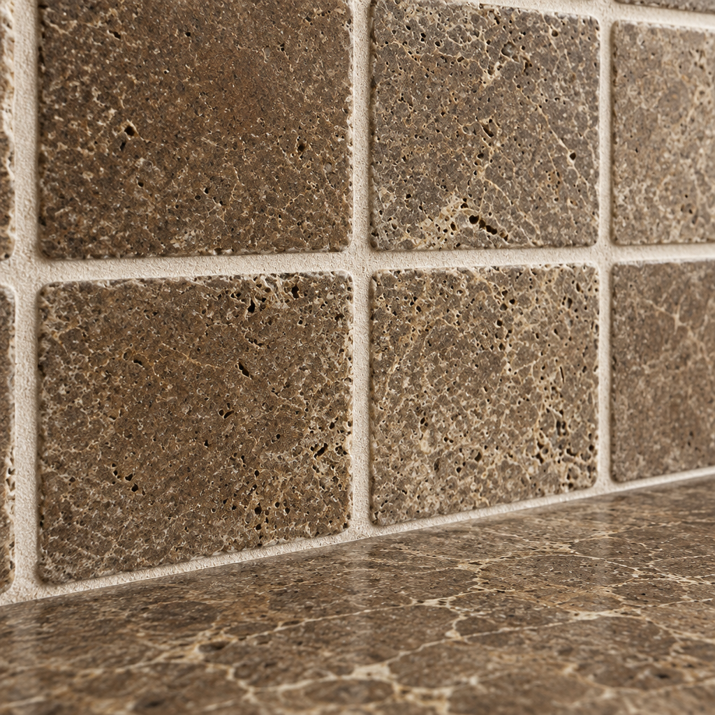 Brown Noce Travertine Tile 6x6, Tumbled - installed close-up