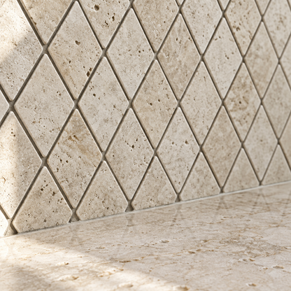 Ivory Travertine Diamond Mosaic Tile 2x4, Tumbled - installed close-up