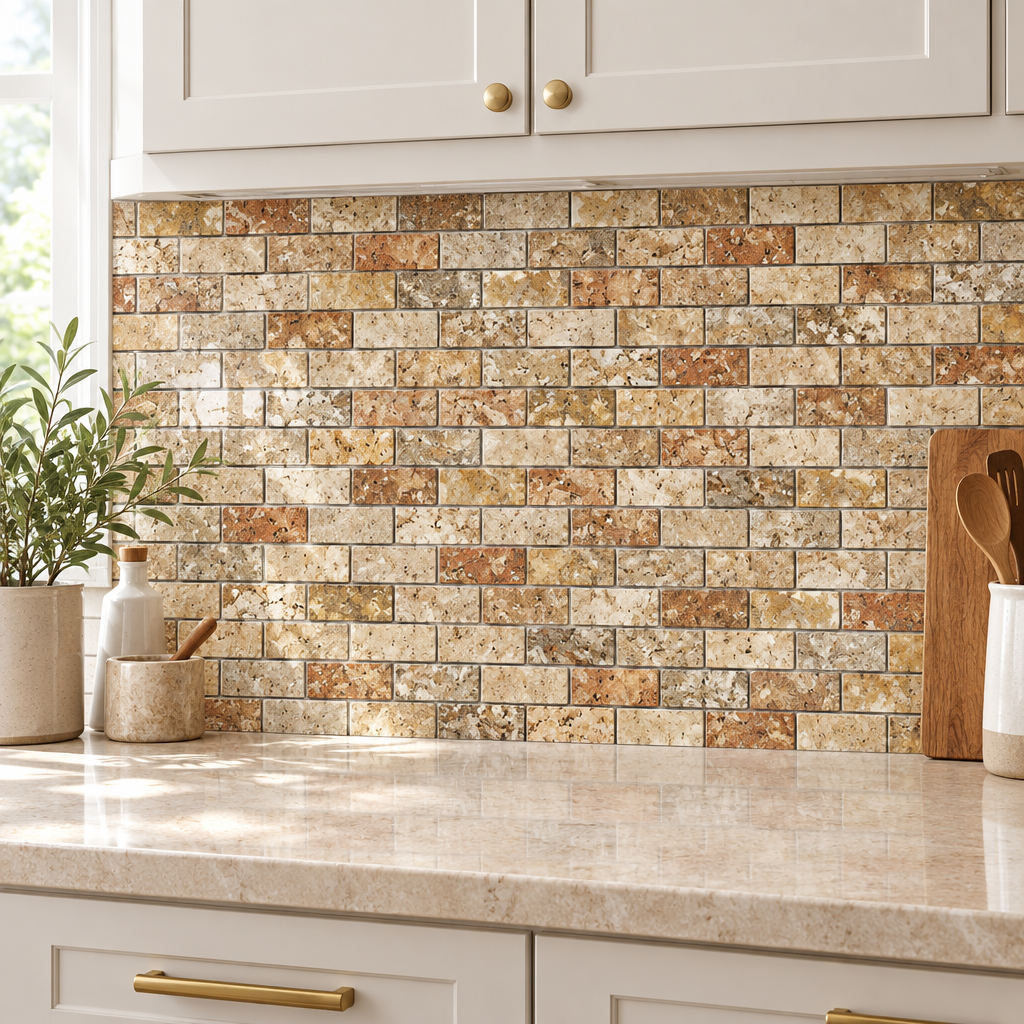 Scabos Travertine Brick Mosaic Tile 1x2, Polished - installed on wall