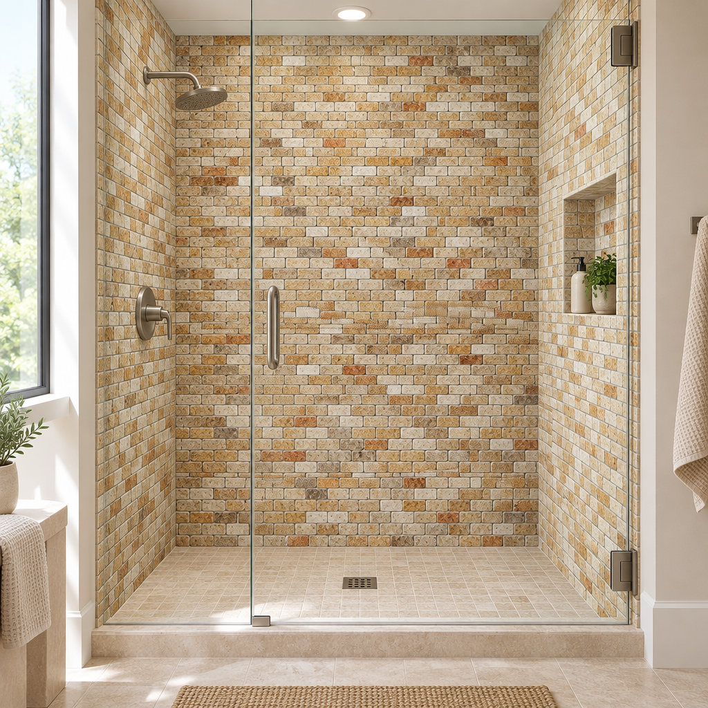 Scabos Travertine Brick Mosaic Tile 1x2, Tumbled - installed on shower