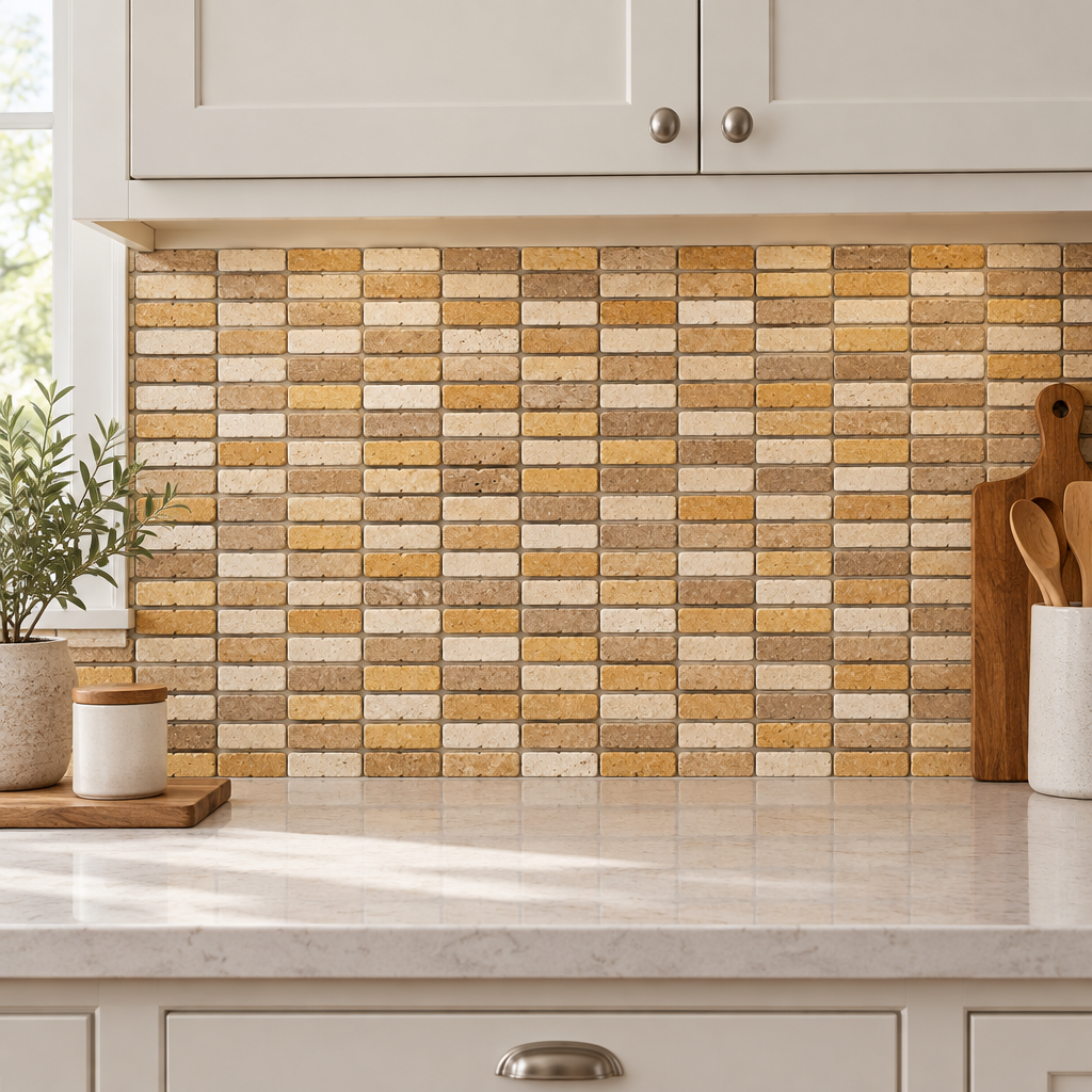 Mixed (Ivory + Noce + Gold) Travertine Mosaic Tile 5/8x2, Tumbled - installed on wall