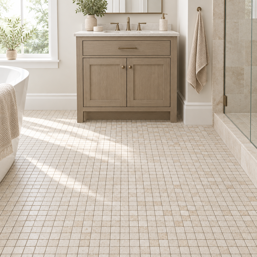 Ivory Travertine Mosaic Tile 1x1, Tumbled - installed on floor
