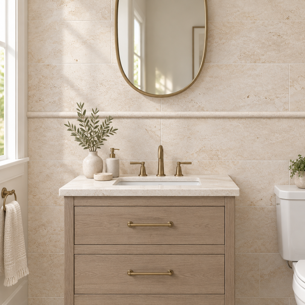 Ivory Travertine Dome Tile Trim 1x12, Honed - installed on wall