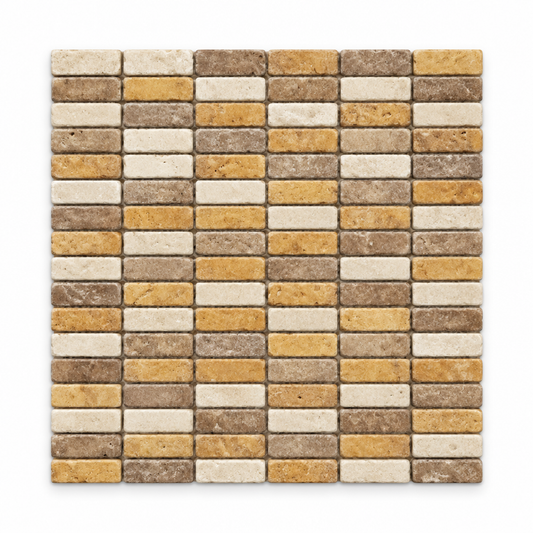 Mixed (Ivory + Noce + Gold) Travertine Mosaic Tile 5/8x2, Tumbled - white background