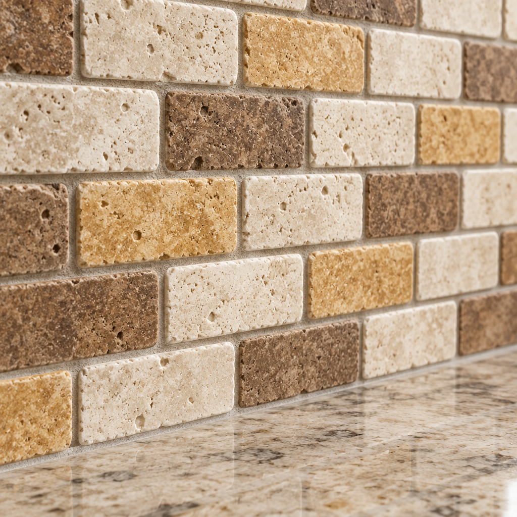 Mixed (Ivory + Noce + Gold) Travertine Brick Mosaic Tile 1x2, Tumbled - installed close-up