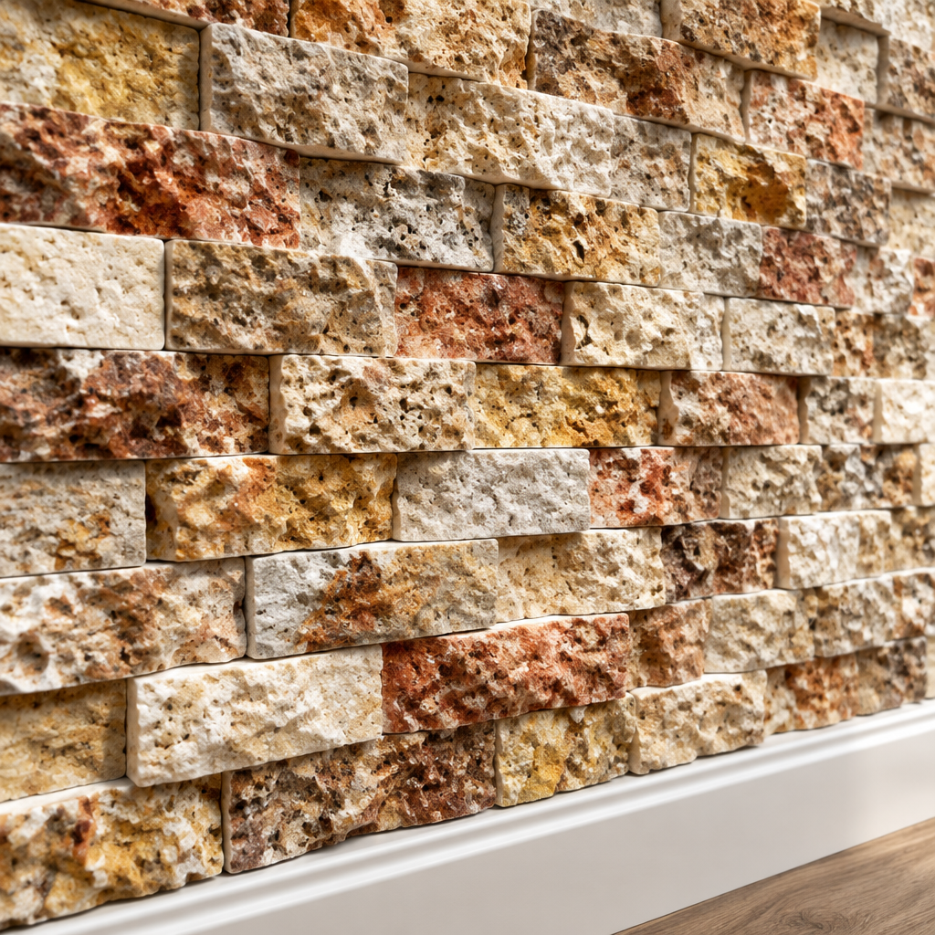Scabos Travertine Brick Mosaic Tile 1x2, Split Face - installed close-up