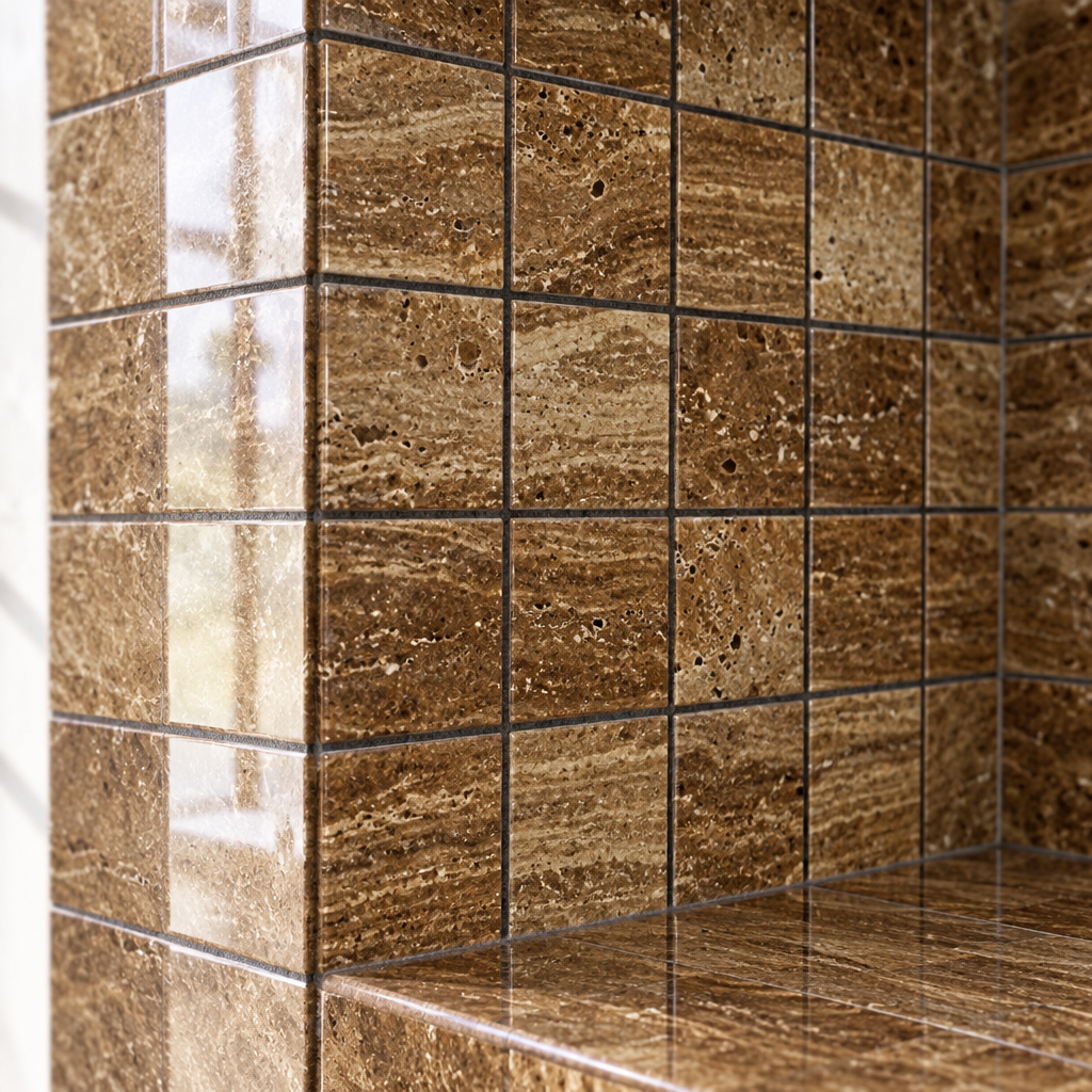 Brown Noce Travertine Mosaic Tile 2x2, Polished & Vein-Cut - installed close-up