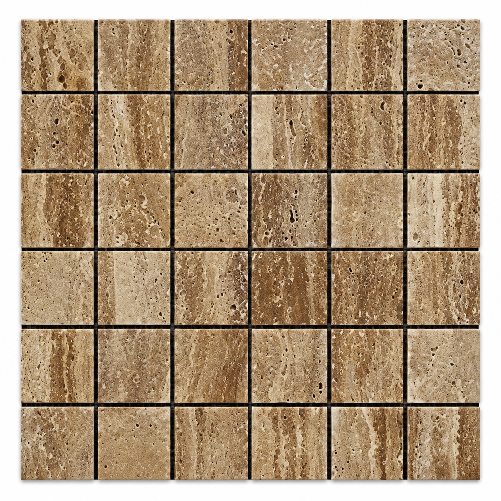 Brown Noce Travertine Mosaic Tile 2x2, Brushed & Unfilled & Vein-Cut - white background