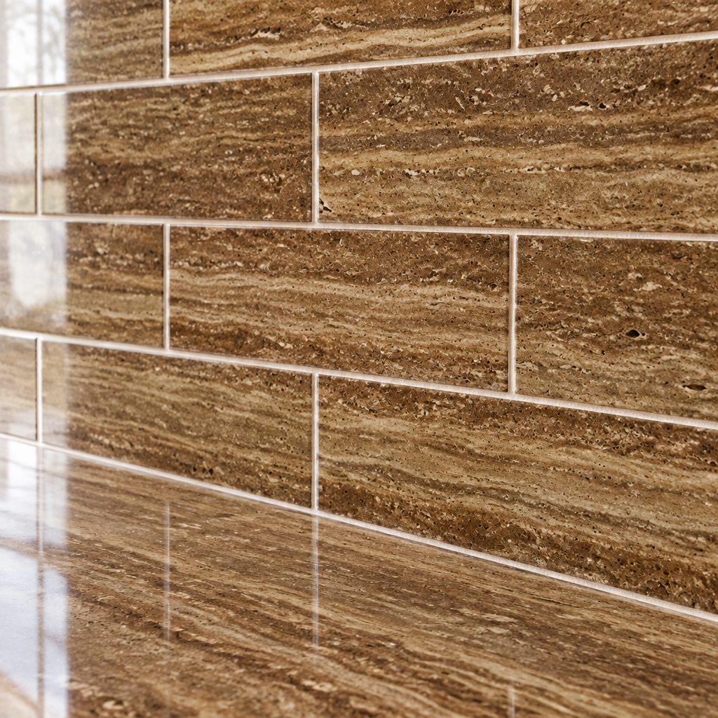 Brown Noce Travertine Tile 3x6, Polished & Vein-Cut - installed close-up