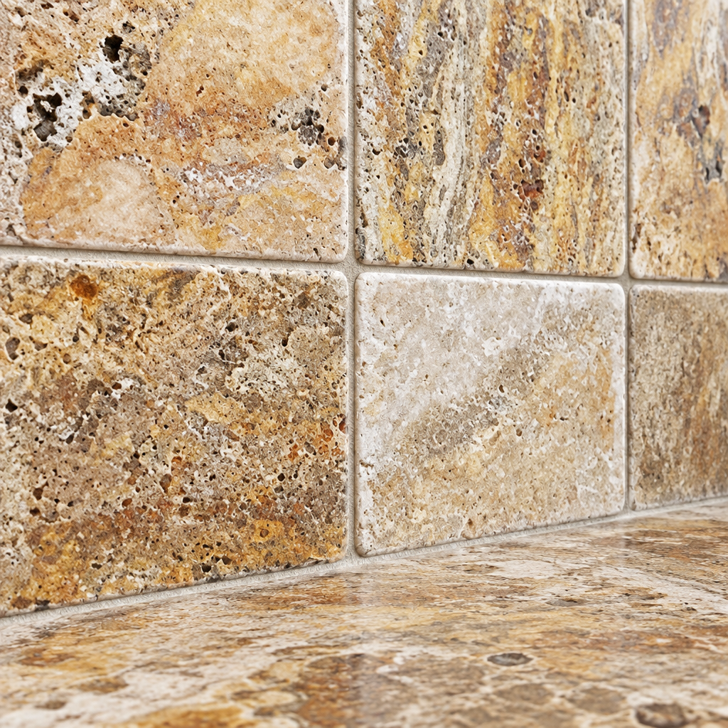 Scabos Travertine Tile 6x6, Tumbled - installed close-up