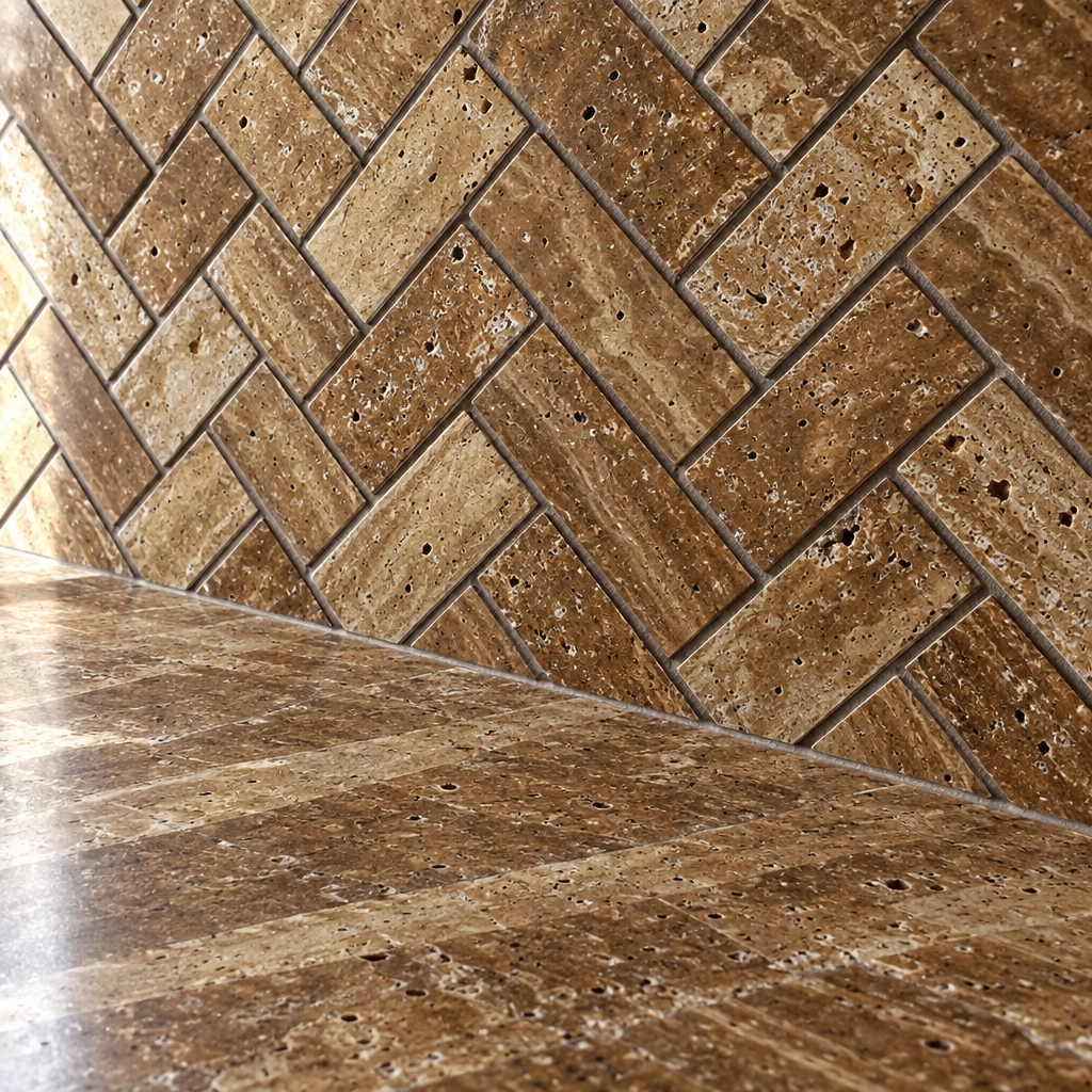 Brown Noce Travertine Herringbone Mosaic Tile 1x2, Brushed & Unfilled & Vein-Cut - installed close-up