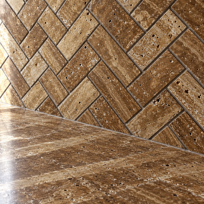 Brown Noce Travertine Herringbone Mosaic Tile 1x2, Brushed & Unfilled & Vein-Cut - installed close-up