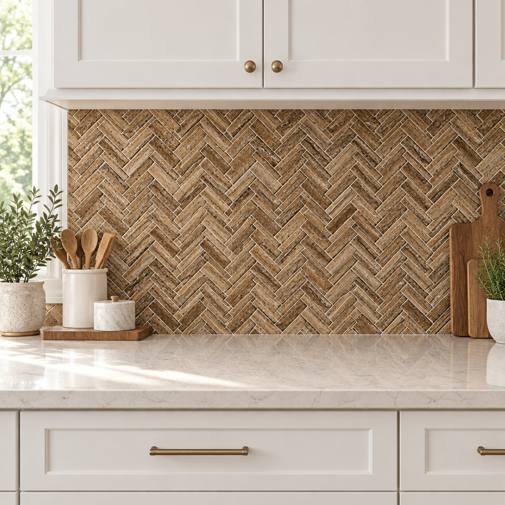 Brown Noce Travertine Herringbone Mosaic Tile 1x2, Polished & Vein-Cut - installed on wall