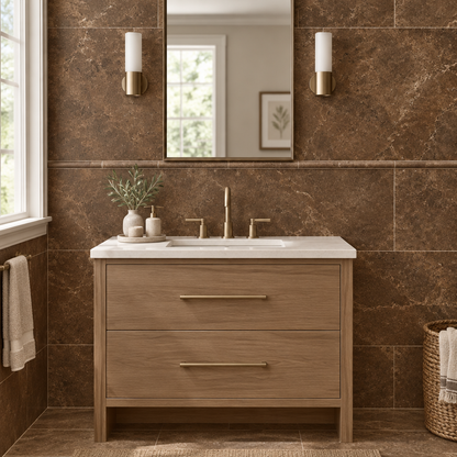Brown Noce Travertine Pencil Tile Trim 3/4x12, Honed - installed on wall