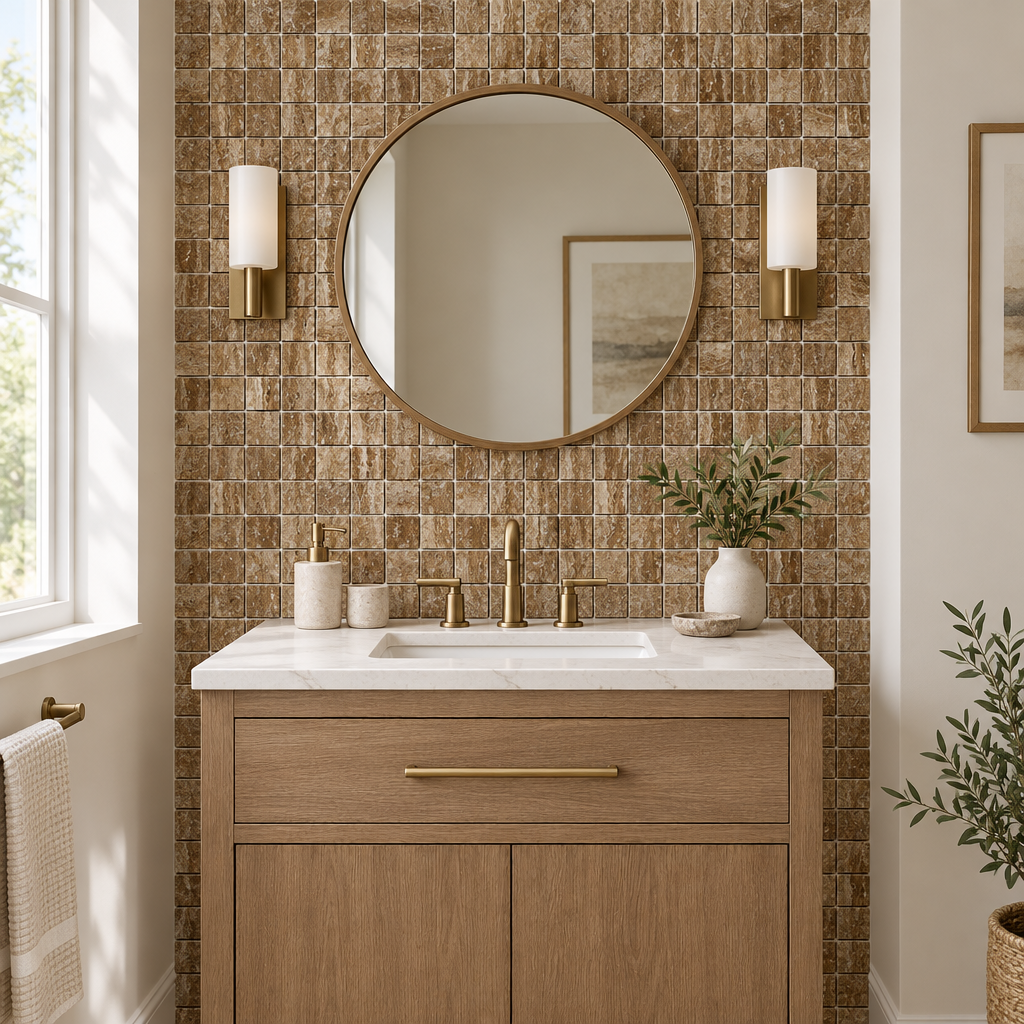 Brown Noce Travertine Mosaic Tile 2x2, Brushed & Unfilled & Vein-Cut - installed on wall
