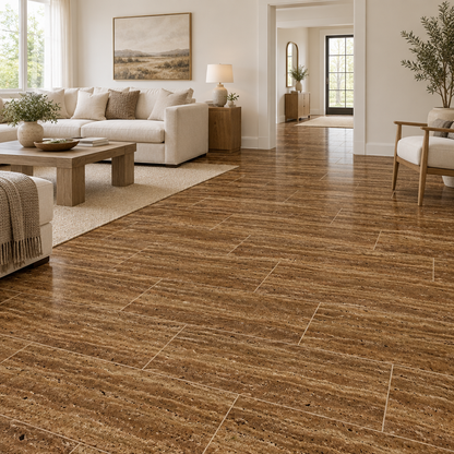 Brown Noce Vein-Cut Travertine Tile 12x24, Brushed & Unfilled - installed on floor