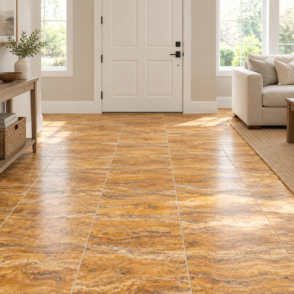 Scabos Travertine Tile 12x12, Filled & Honed - installed on floor