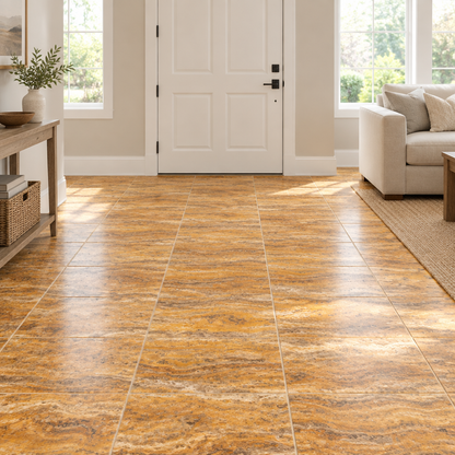 Scabos Travertine Tile 12x12, Filled & Honed - installed on floor