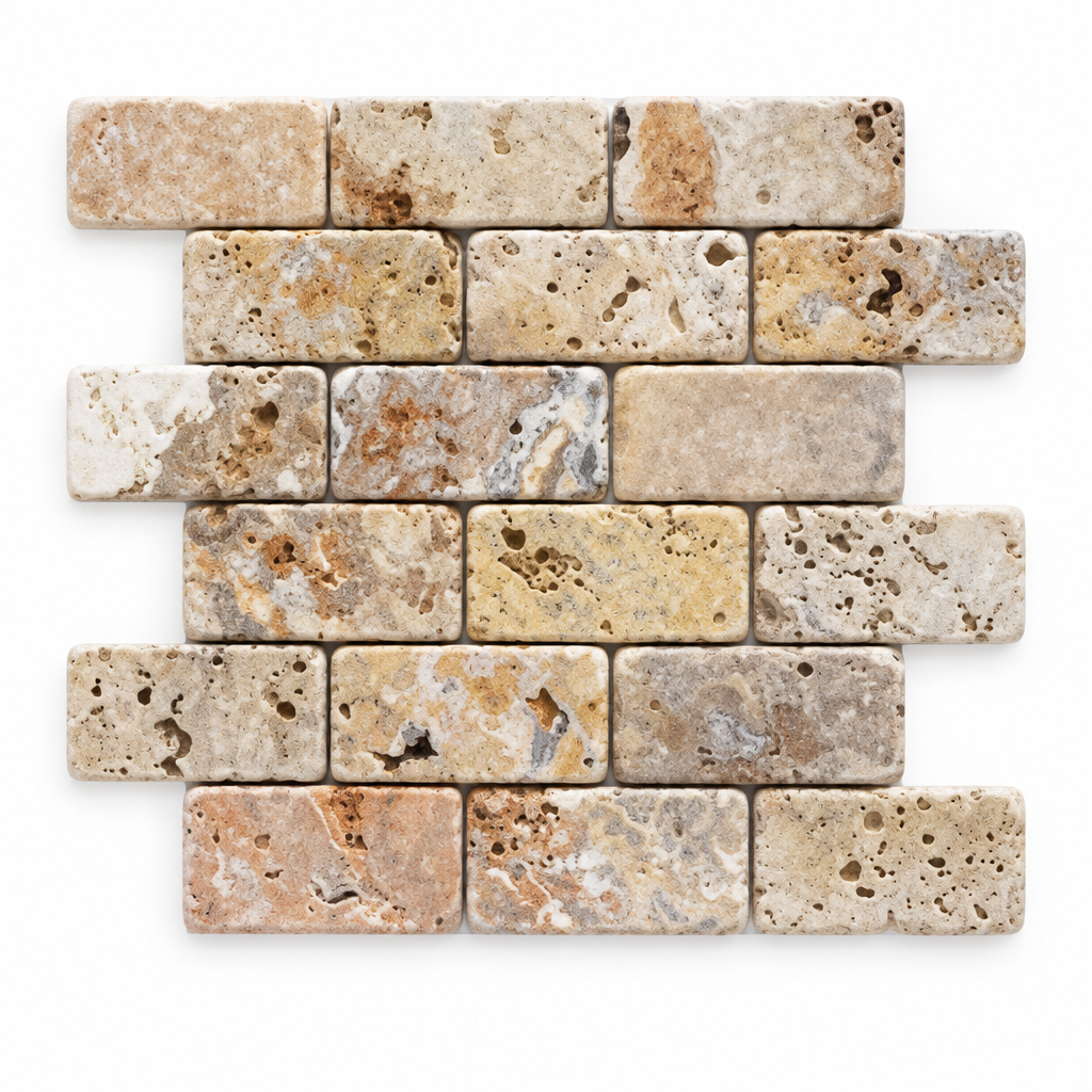 Scabos Travertine Brick Mosaic Tile 2x4, Tumbled - white background