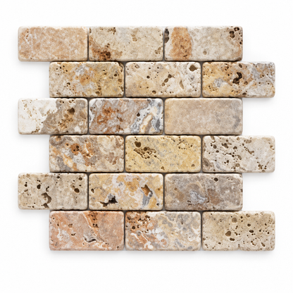 Scabos Travertine Brick Mosaic Tile 2x4, Tumbled - white background