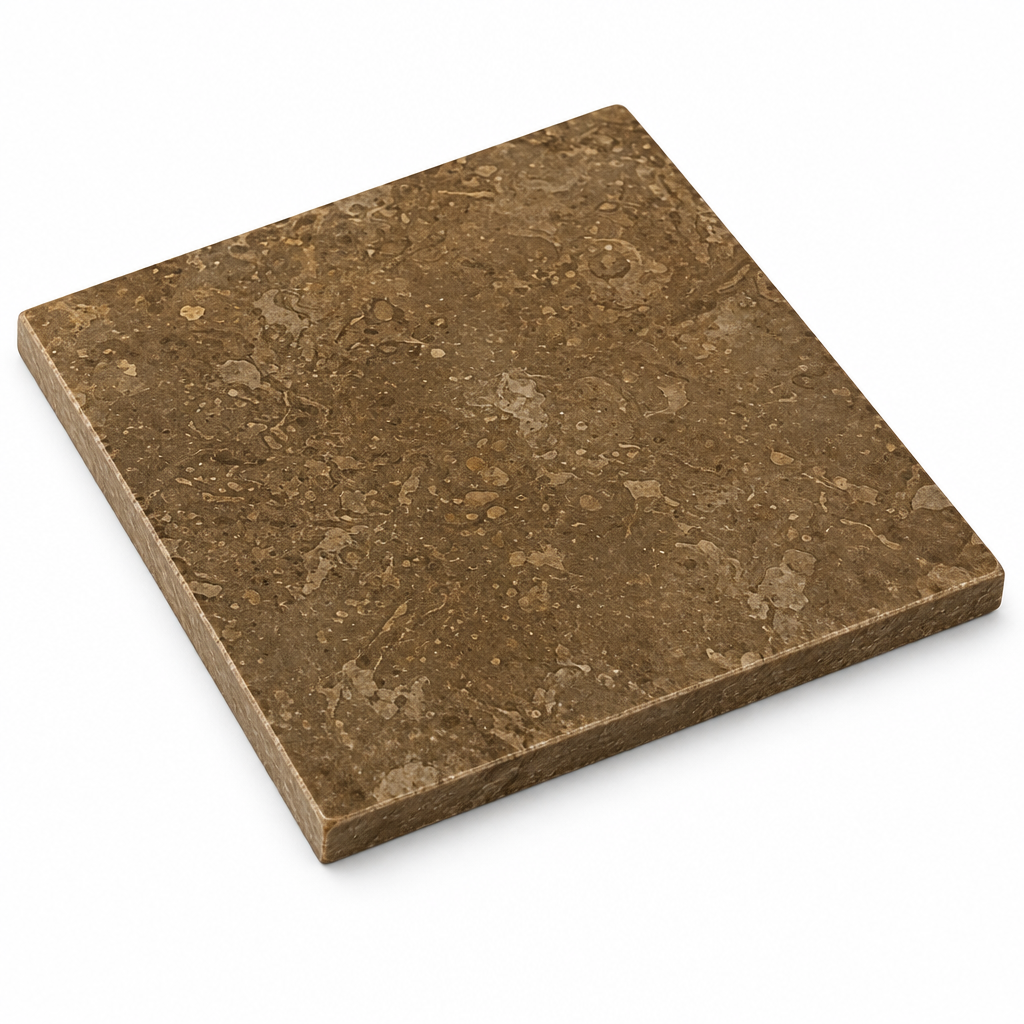 Brown Noce Travertine Tile 6x6, Filled & Honed - 45 degree view showing thickness