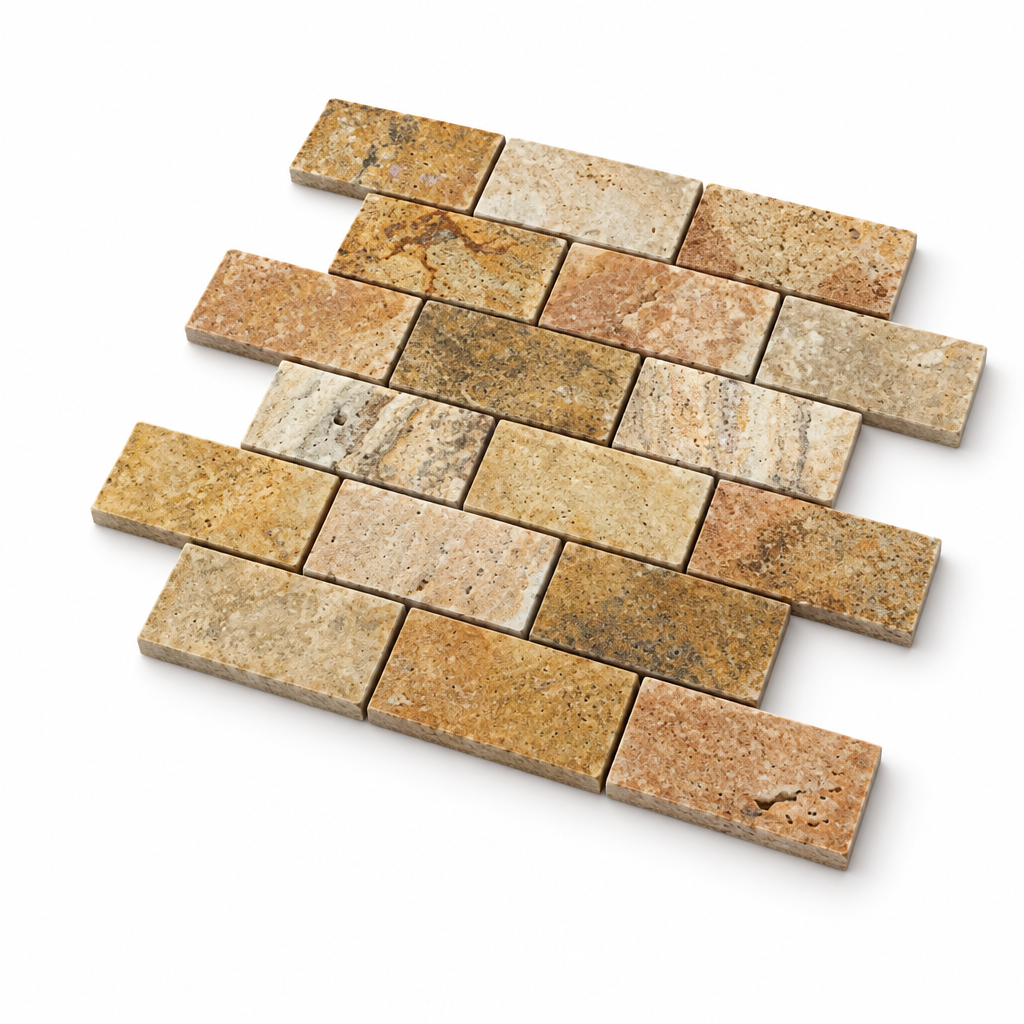 Scabos Travertine Brick Mosaic Tile 2x4, Honed - 45 degree view showing thickness