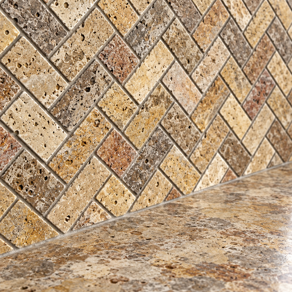 Scabos Travertine Herringbone Mosaic Tile 1x2, Tumbled - installed close-up
