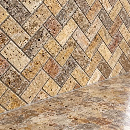 Scabos Travertine Herringbone Mosaic Tile 1x2, Tumbled - installed close-up