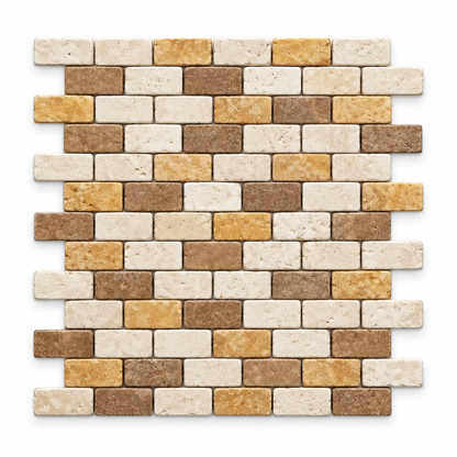 Mixed (Ivory + Noce + Gold) Travertine Brick Mosaic Tile 1x2, Tumbled - white background