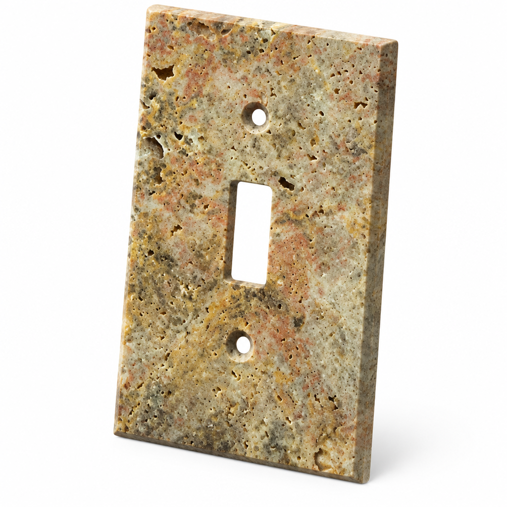 Scabos Travertine Toggle Switch Plate - 45 degree view showing thickness