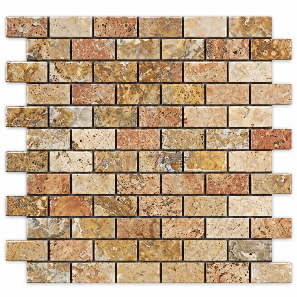 Scabos Travertine Brick Mosaic Tile 1x2, Polished - white background