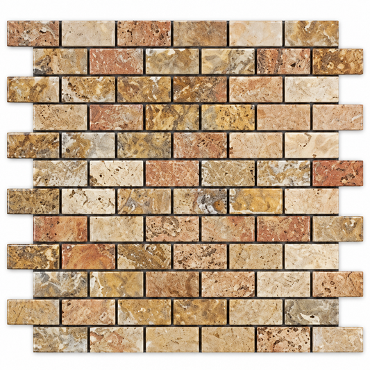 Scabos Travertine Brick Mosaic Tile 1x2, Polished - white background