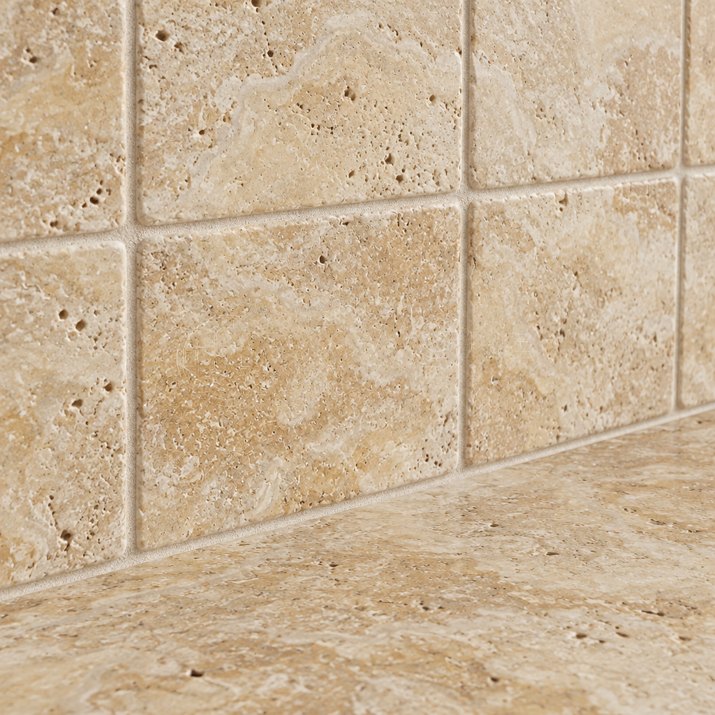 Cream Valencia Travertine Tile 4x4, Tumbled - installed close-up