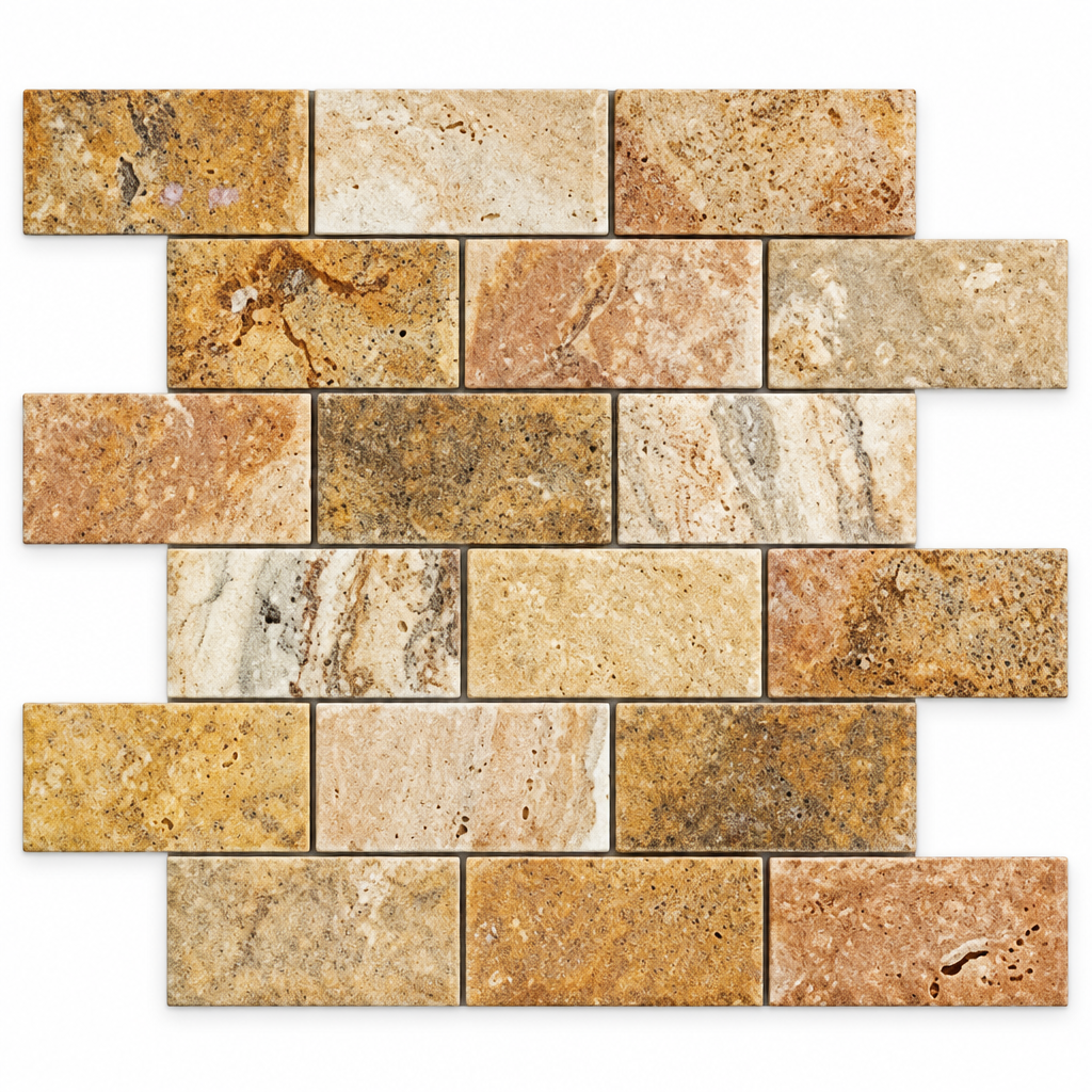 Scabos Travertine Brick Mosaic Tile 2x4, Honed - white background