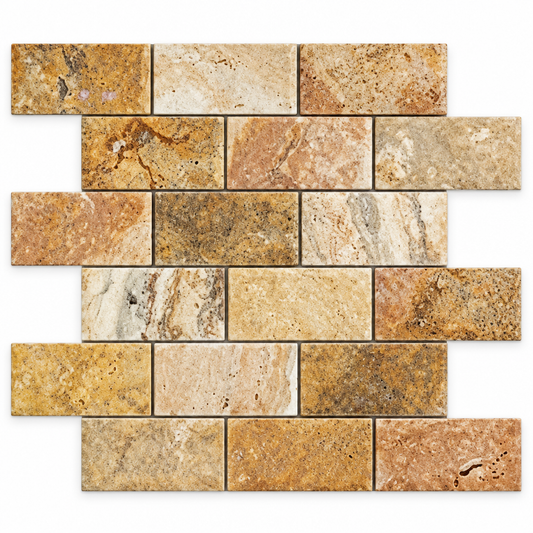 Scabos Travertine Brick Mosaic Tile 2x4, Honed - white background