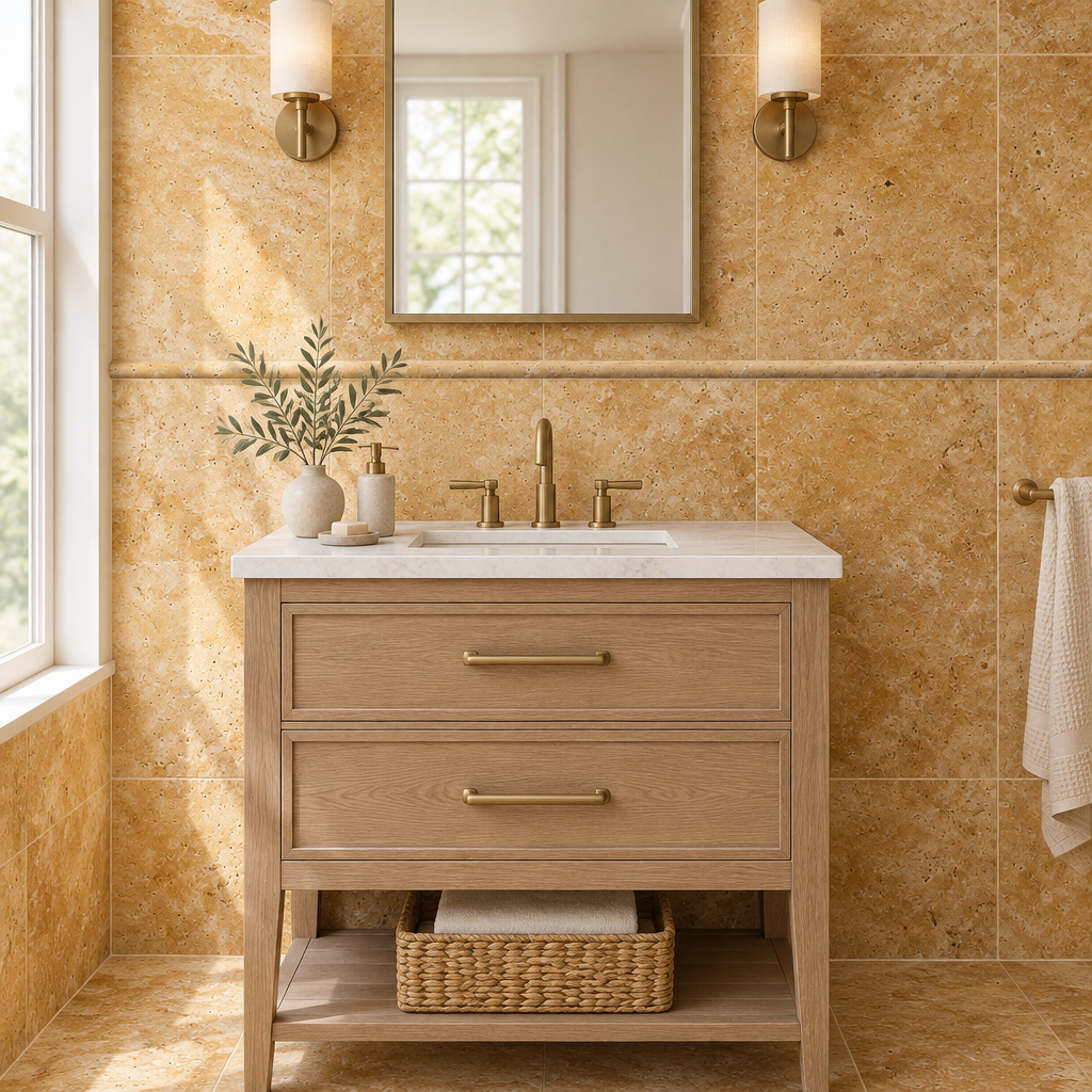 Gold Travertine Pencil Tile Trim 1/2x12, Honed - installed on wall