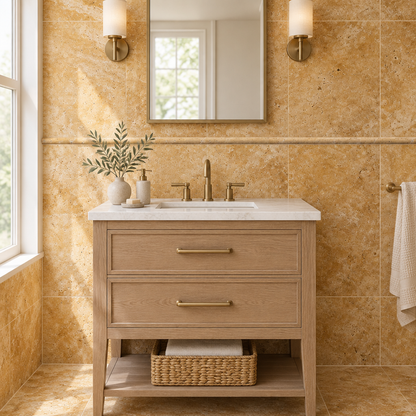 Gold Travertine Pencil Tile Trim 1/2x12, Honed - installed on wall