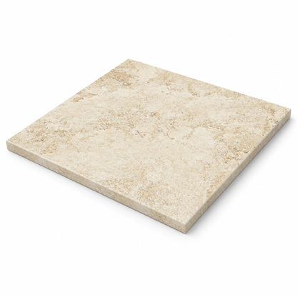 Beige Durango Travertine Tile 4x4, Filled & Honed - 45 degree view showing thickness
