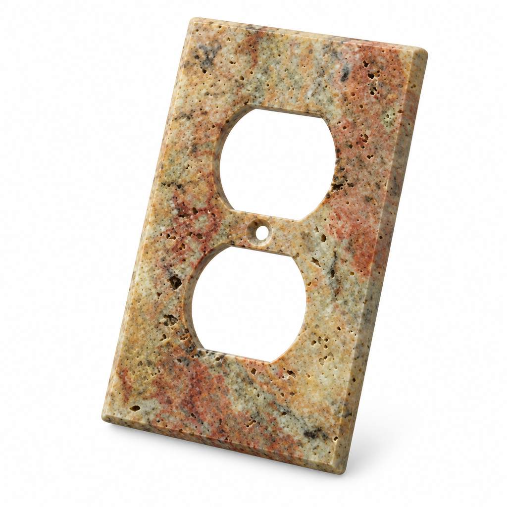 Scabos Travertine Duplex Wall Plate - 45 degree view showing thickness
