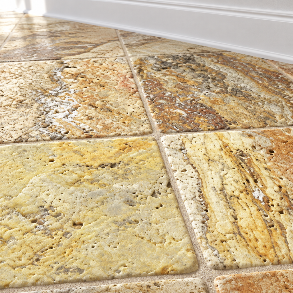 Scabos Travertine Tile 12x12, Tumbled - installed close-up