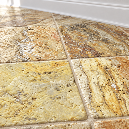 Scabos Travertine Tile 12x12, Tumbled - installed close-up