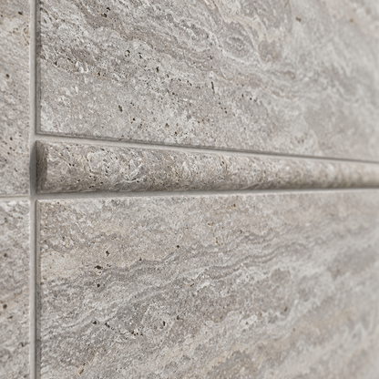 Silver Travertine Pencil Tile Trim 1/2x12, Honed - installed close-up